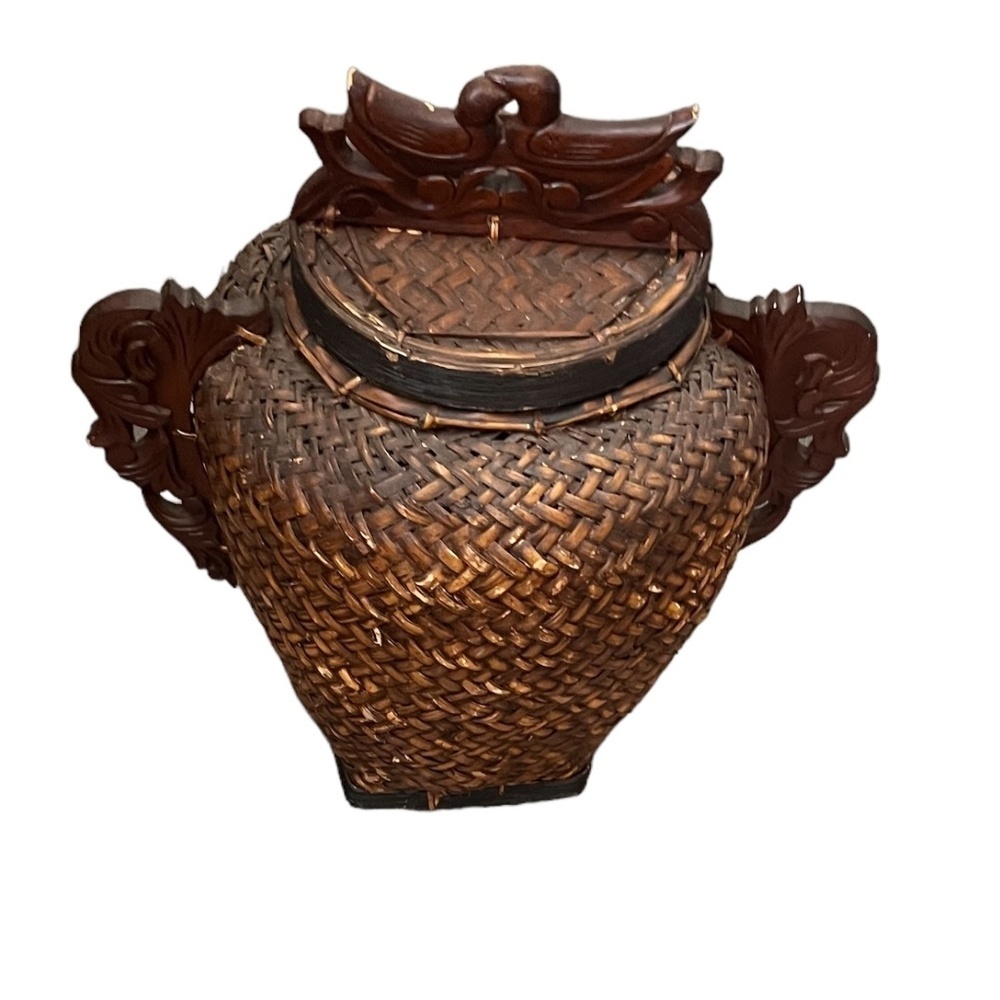 Vintage Old‎ Rattan Betel Nut Gathering Basket, with wooden Handles